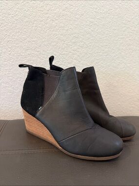 Toms Black Leather and Suede Wedge Booties with Wood-Look Heel